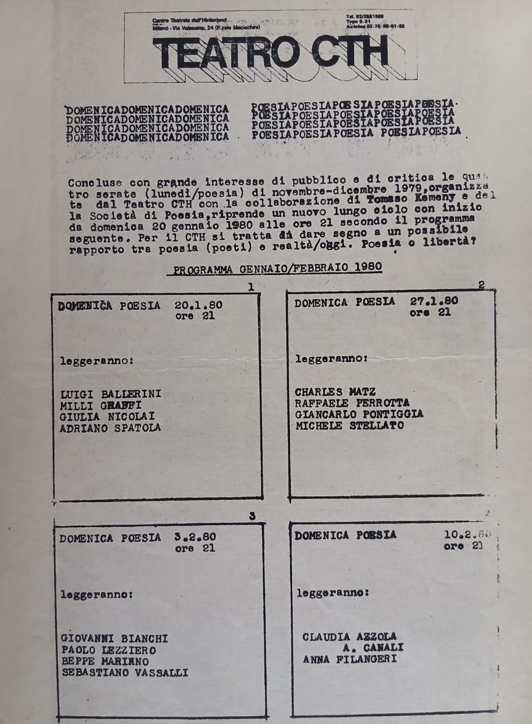 Programma Domenica Poesia - Teatro CTH, Gennaio/Febbraio 1980