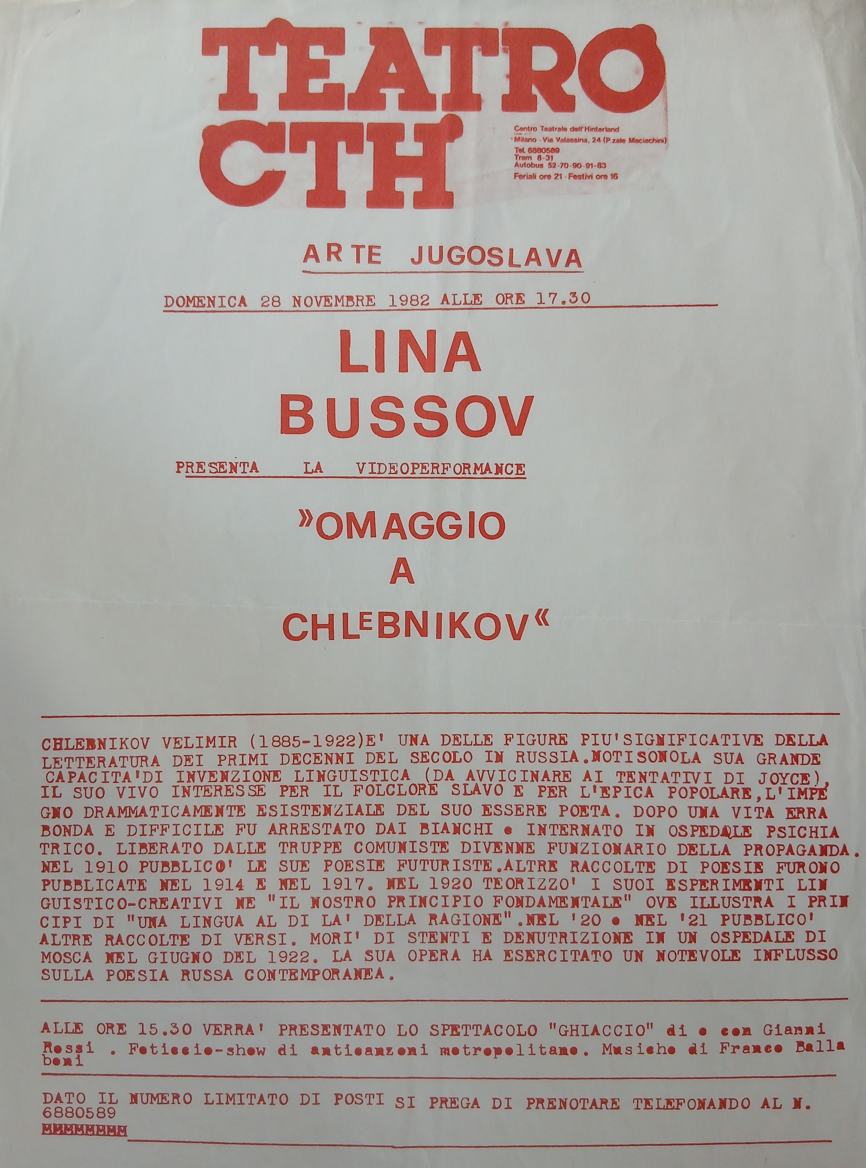 Locandina Lina Bussov, omaggio a Chlebnikov