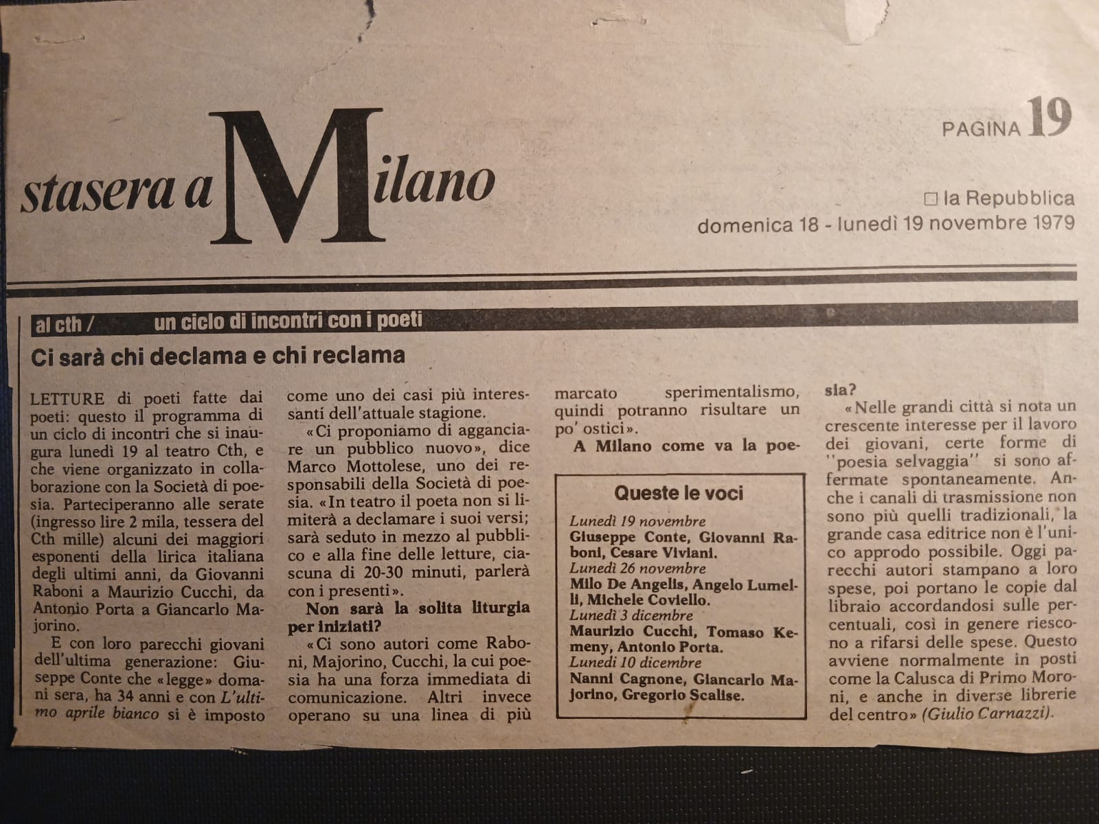 Articolo de la Repubblica (18-19 Novembre 1979) - Ciclo di incontri con i poeti al CTH